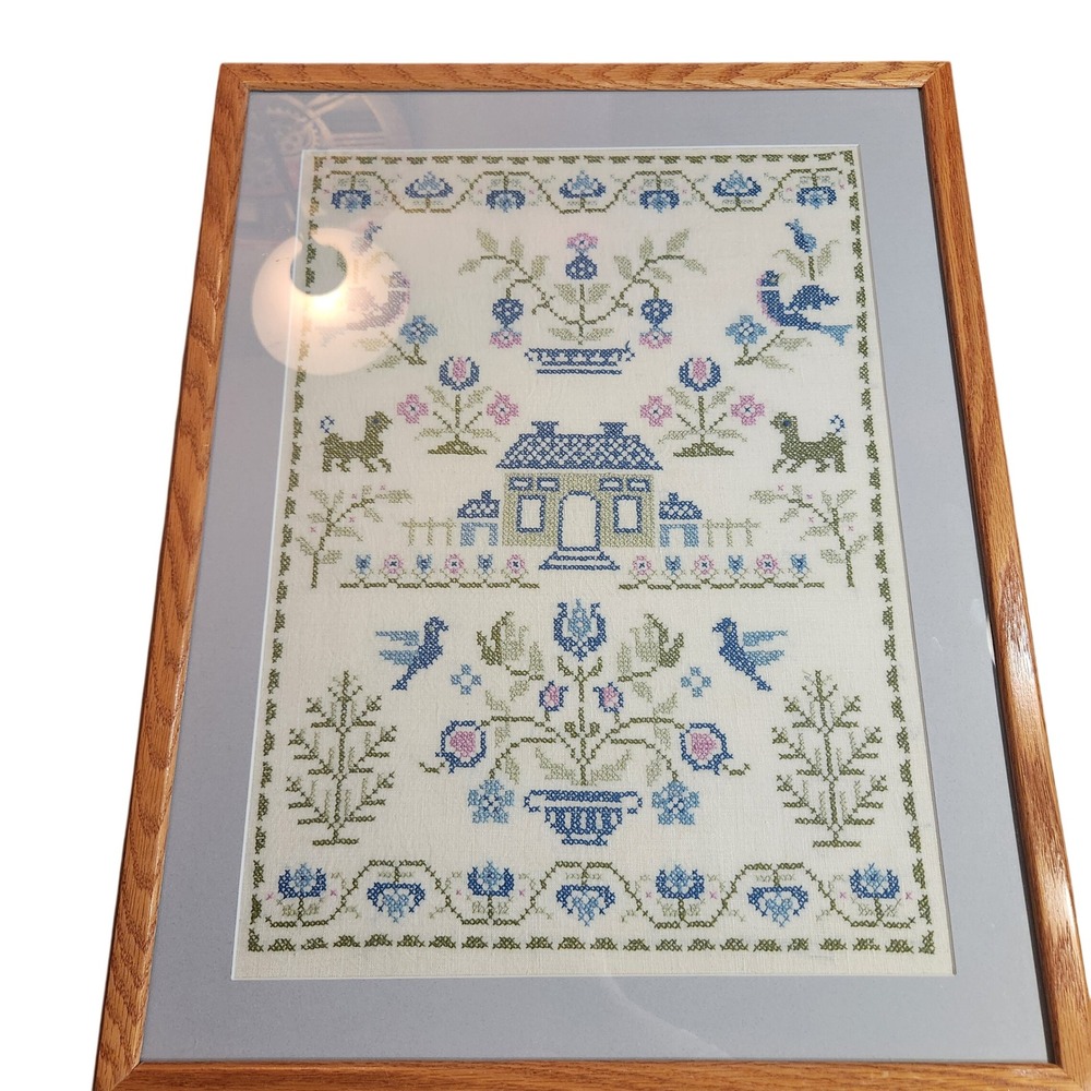 Vintage Framed Cross Stitch Sampler Folk Art House Birds Floral Oak Frame 21x27